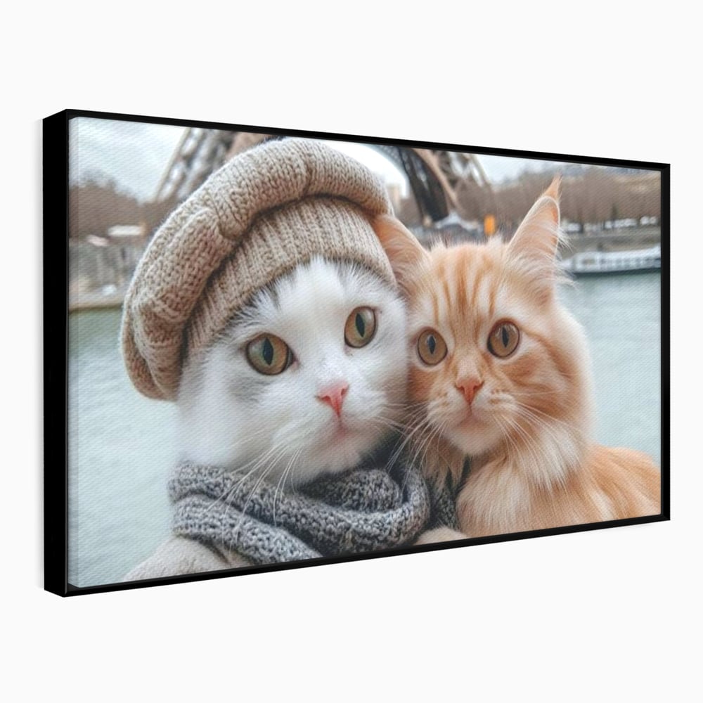 Tablou canvas cu tablou canvas cu pisici in paris, in rama de aluminiu negru